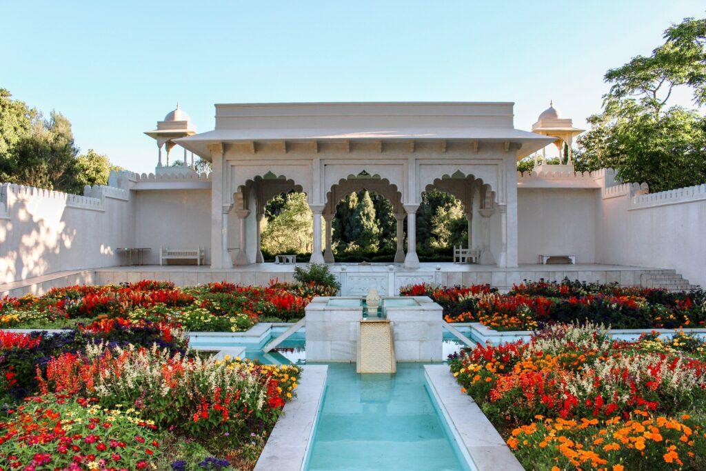 Flower beds and the Indian Char Bagh Garden pavilion at Hamilton Gardens
